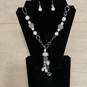 Elegant Pearl and Crystal Tassel Necklace Set Silver Tone With Dangle Earrings